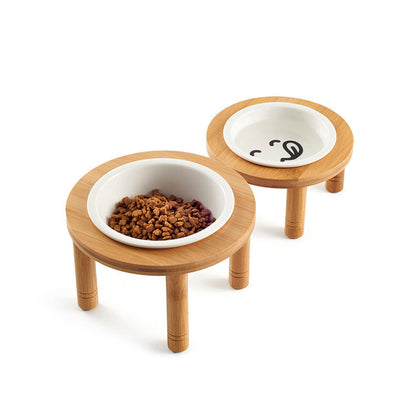 Round Bamboo Cat Bowl for Food and Water - Pet Supplies